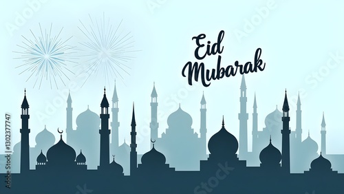 Eid mubarak mosque silhouette with fireworks