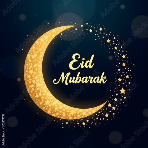 Elegant Eid Mubarak greeting with glowing golden crescent moon and calligraphy on a dark background for Islamic festival celebrations and greeting cards