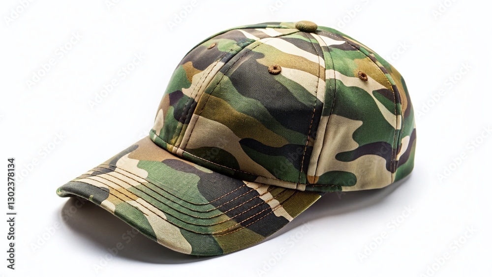 Fototapeta premium Camouflage Baseball Cap, Military Hat, Hunting Cap, Isolated on White Background, Overhead Drone Shot