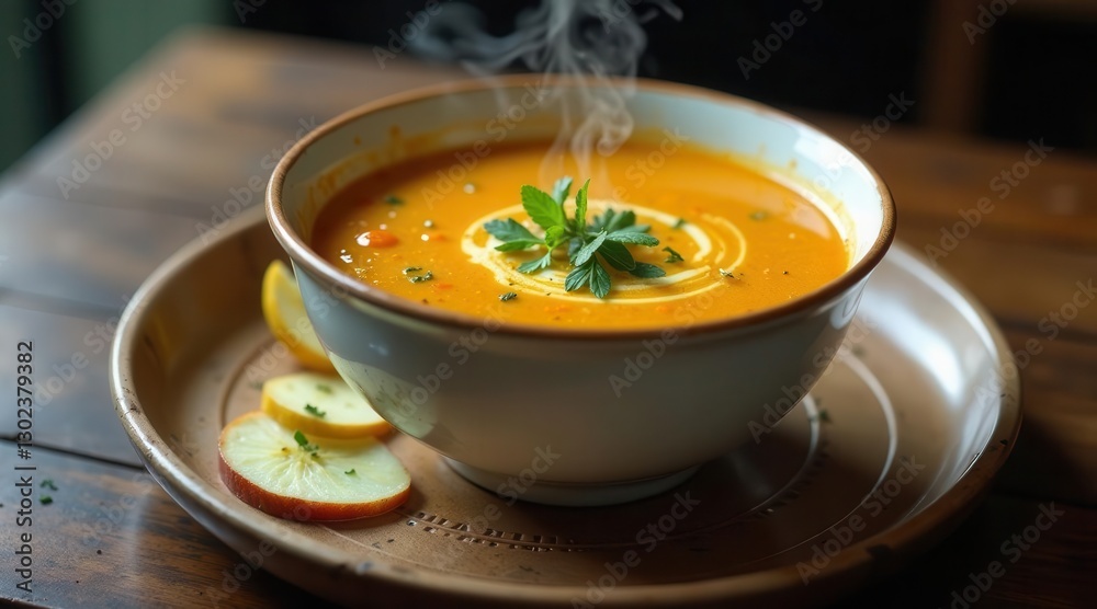 Warm Autumnal Soup, Served with Apple Slices, Steaming in a Rustic Bowl on a Wooden Table Warm Autumnal Soup, Served with Apple Slices, Steaming in a Rustic Bowl on a Wooden Table