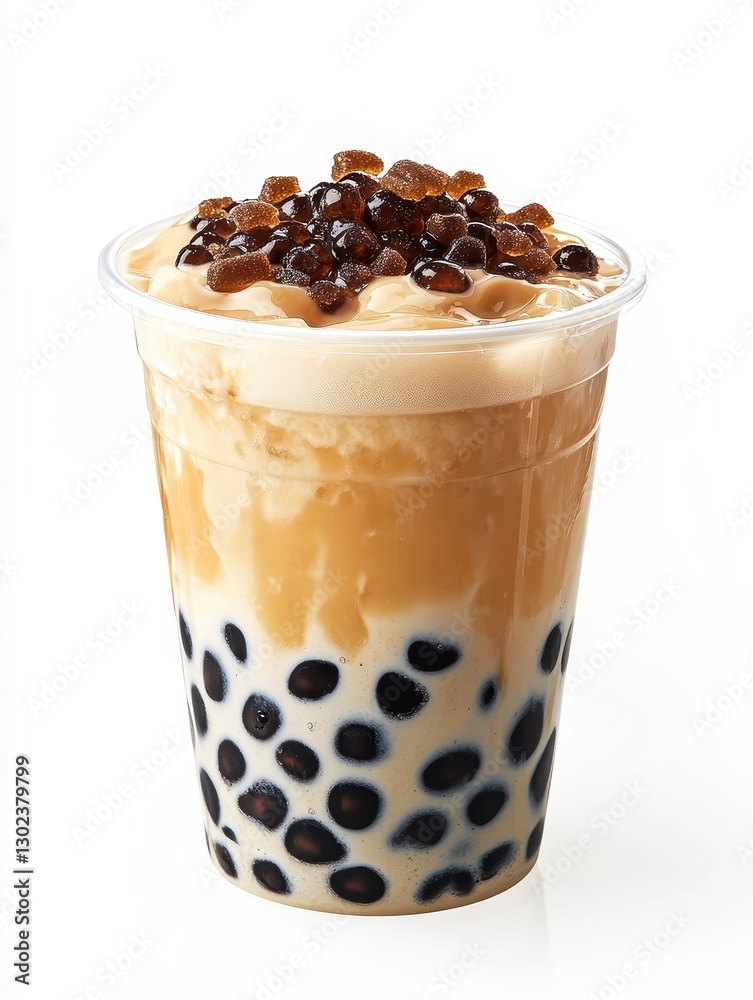 Creamy bubble tea with large tapioca pearls, rich brown sugar, and sweet caramel topping in a clear cup against a white background Creamy bubble tea with large tapioca pearls, rich brown sugar, and sweet caramel topping in a clear cup against a white background