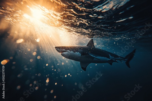 Wallpaper Mural Close-Up Shot of a Great White Shark Swimming Near the Ocean Surface with Sunlight Filtering Through the Water Creating a Stunning Underwater Scene Torontodigital.ca