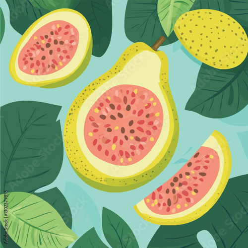 A flat 2D vector of a fresh guava with a tropical background.