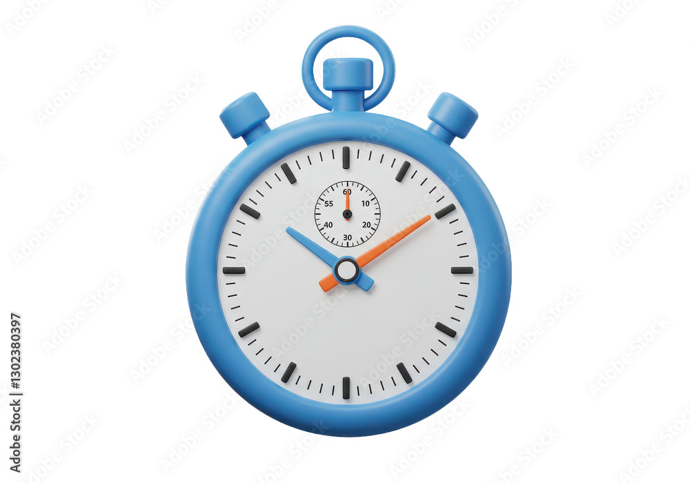 3D illustration of a blue stopwatch with a white face, orange and blue hands and small blue buttons on top 3D illustration of a blue stopwatch with a white face, orange and blue hands and small blue buttons on top