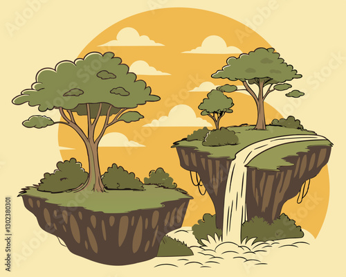 A series of floating islands covered in lush greenery, waterfalls cascading from their edges into the clouds below, with a golden sunset in the background