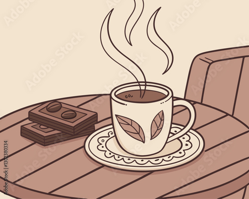A steaming cup of coffee with a simple ceramic design on a wooden table