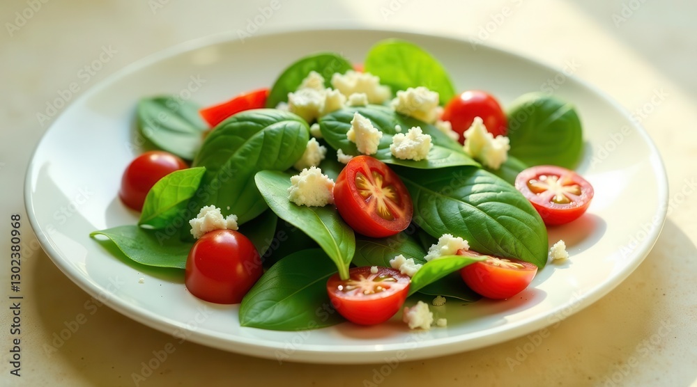 A vibrant spinach salad featuring halved cherry tomatoes and crumbled cheese, artfully arranged on a simple white plate, bathed in sunlight. A vibrant spinach salad featuring halved cherry tomatoes and crumbled cheese, artfully arranged on a simple white plate, bathed in sunlight.