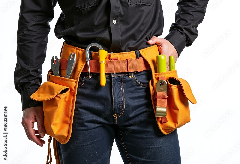 Preparedness Tool Belt: A Close-Up Studio Shot on a White Background Highlighting a Worker's Tool Belt Equipped with Essential Safety Tools, Emphasizing Readiness, Safety, and Professionalism.

