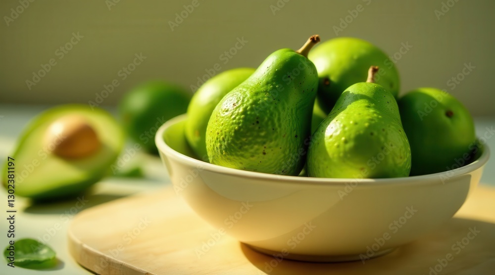 A bowl of vibrant green pears bathed in sunlight, accompanied by a halved pear and fresh leaves on a wooden surface. A bowl of vibrant green pears bathed in sunlight, accompanied by a halved pear and fresh leaves on a wooden surface.