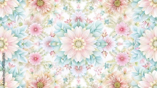 Delicate and seamless floral pattern with soft petals in pastel colors arranged in a symmetrical design on a white background, soft, white background