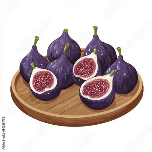 A flat 2D vector of a set of figs placed on a wooden plate.