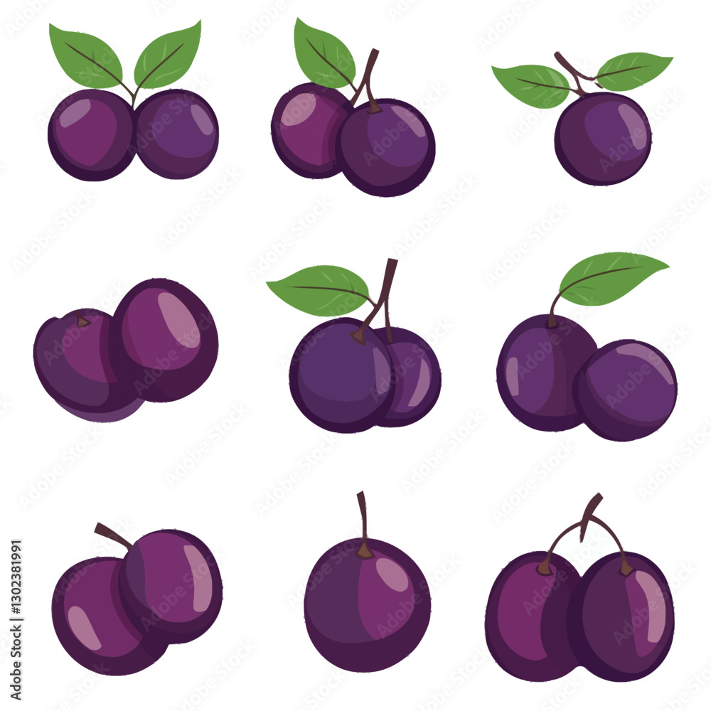 A flat 2D vector of a set of ripe plums with a few leaves.