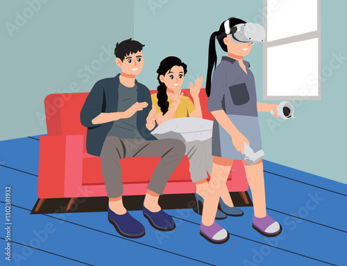 A group of people in a room with a red sofa and blue floor, where one wears VR gear while others watch, creating a scene of tech - infused interaction.