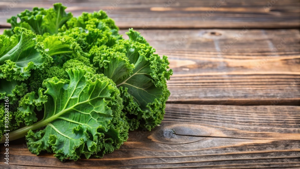 Close-up of fresh kale leaves on a wooden table, nature, plant, nature, plant, isolation Close-up of fresh kale leaves on a wooden table, nature, plant, nature, plant, isolation