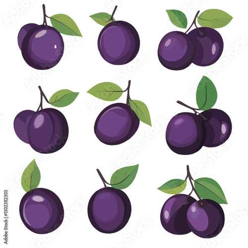 A flat 2D vector of a set of ripe plums with a few leaves.