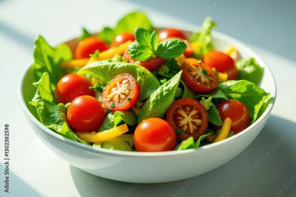 A vibrant and healthy mixed green salad featuring ripe cherry tomatoes, fresh herbs, and colorful bell pepper slices, served in a clean white bowl, bathed in sunlight. A vibrant and healthy mixed green salad featuring ripe cherry tomatoes, fresh herbs, and colorful bell pepper slices, served in a clean white bowl, bathed in sunlight.