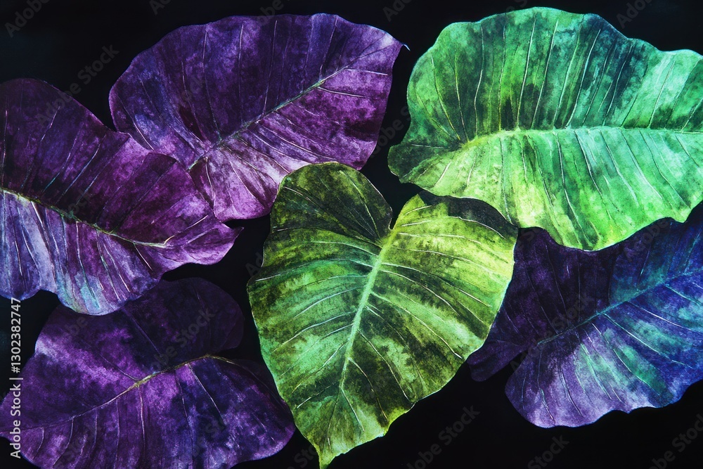 Obraz premium Watercolor-rendered tropical leaf pattern in green and purple tones, set against a black background for contrast.