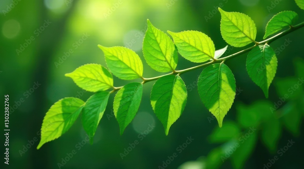 Vibrant Green Leaves Illuminated by Sunlight on a Branch in a Lush Natural Setting Vibrant Green Leaves Illuminated by Sunlight on a Branch in a Lush Natural Setting