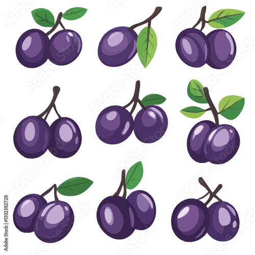 A flat 2D vector of a set of ripe plums with a few leaves.