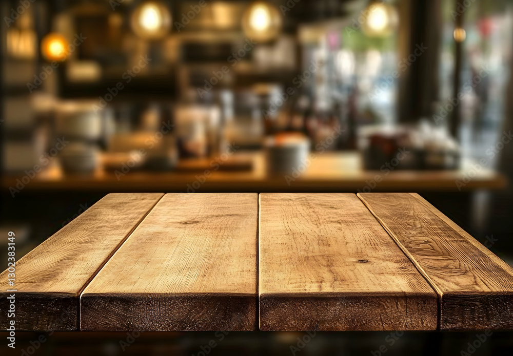 Rustic wooden table surface against blurred cafe background perfect for product mockups and food presentation, creating a warm and inviting atmosphere. Rustic wooden table surface against blurred cafe background perfect for product mockups and food presentation, creating a warm and inviting atmosphere.