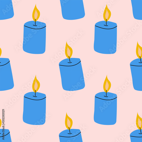 Blue candles with yellow flames create a playful pattern against a soft pink background
