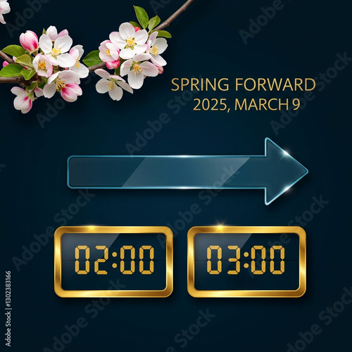 Сlock go forward. Time change from 2 o'clock to 3 o'clock on March 9th – Spring Forward 2025. Elegant square social media poster with clocks and blooming cherry blossoms