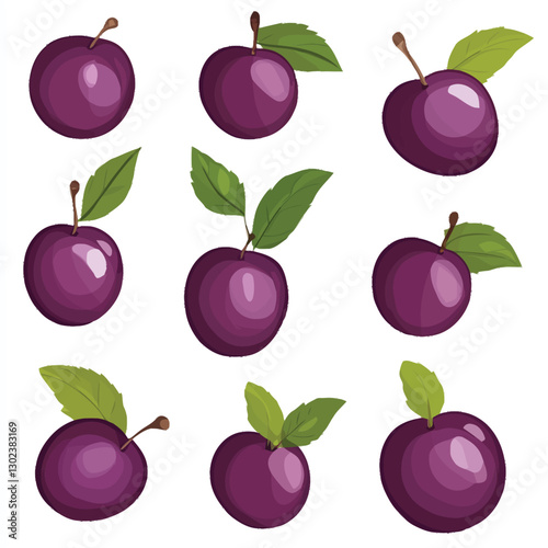 A flat 2D vector of a set of ripe plums with a few leaves.
