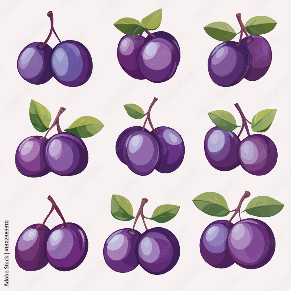 A flat 2D vector of a set of ripe plums with a few leaves.