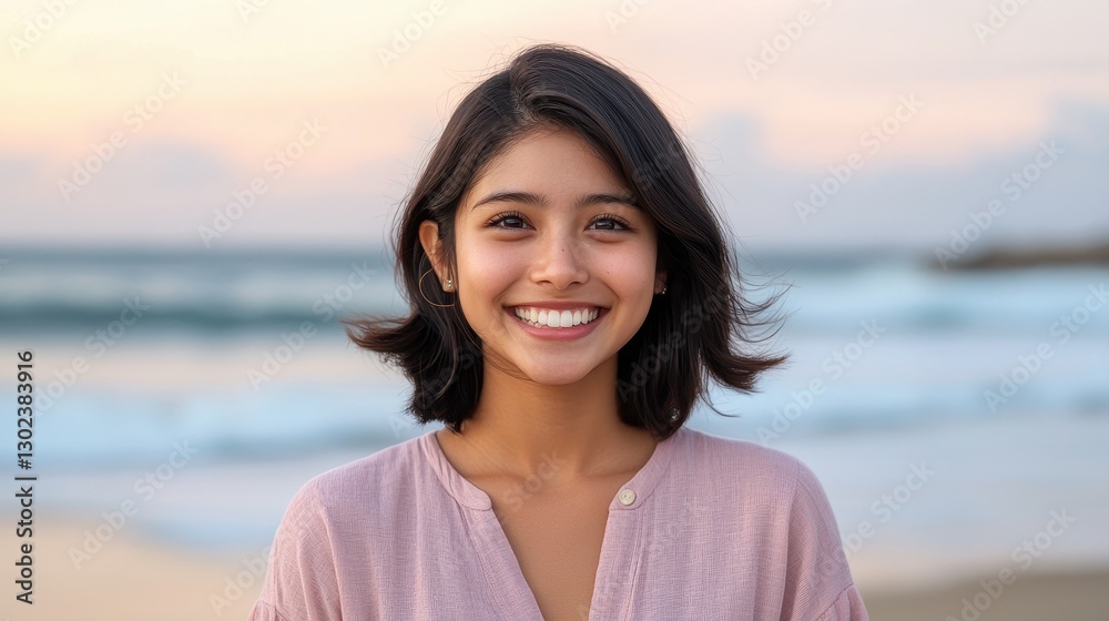 A young woman smiles brightly against a beach backdrop with soft waves and a pastel sky, radiating warmth and joy.