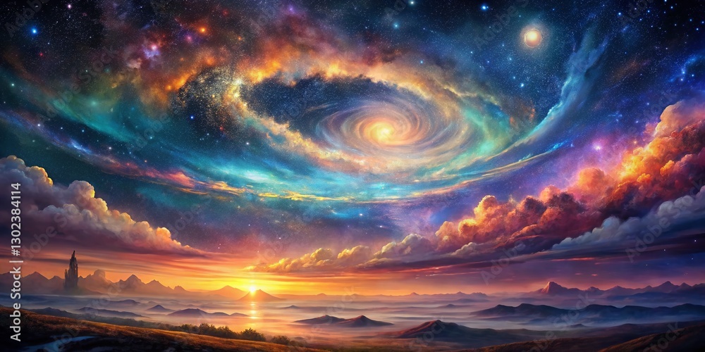 Obraz premium Celestial Watercolor Landscape: Dreamy Night Sky with Distant Stars