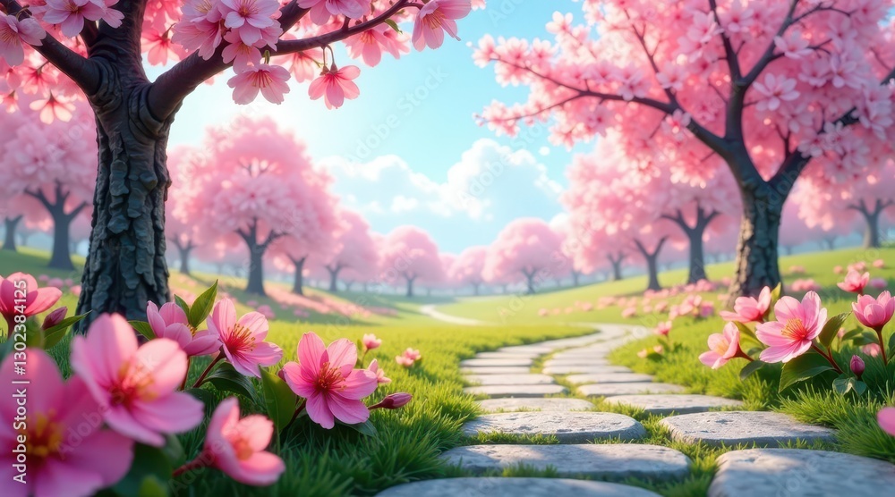 Serene Pathway Winding Through a Dreamlike Garden of Delicate Pink Blossoms Under a Sunny Sky Serene Pathway Winding Through a Dreamlike Garden of Delicate Pink Blossoms Under a Sunny Sky