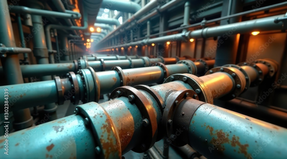 Industrial Piping System A Network of Interconnected Metal Tubes and Flanges in a Dark Setting with Warm Lighting Industrial Piping System A Network of Interconnected Metal Tubes and Flanges in a Dark Setting with Warm Lighting