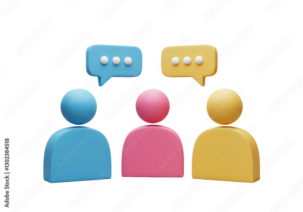 3D illustration of three colorful abstract human figures in blue, pink and yellow engaged in a conversation 3D illustration of three colorful abstract human figures in blue, pink and yellow engaged in a conversation