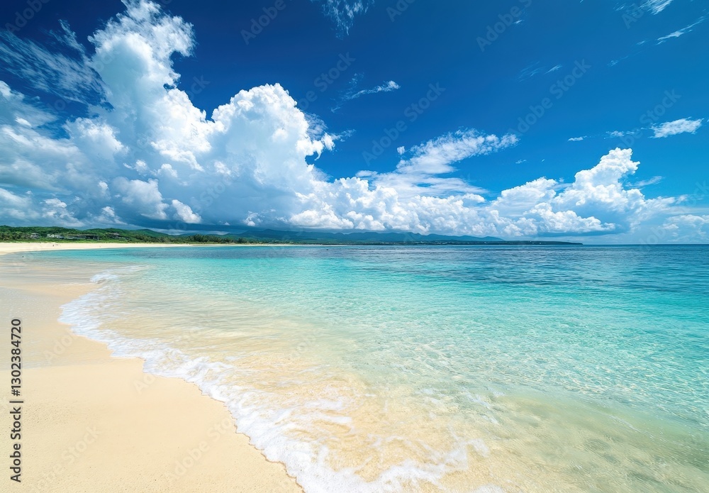 Fototapeta premium Crystal Clear Water and Soft Sandy Beach Under Bright Blue Skies with Fluffy White Clouds and Lush Green Hills in the Background