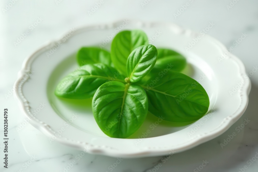 A vibrant sprig of fresh green leaves rests delicately on a pristine white plate, a simple yet elegant presentation of natural beauty. A vibrant sprig of fresh green leaves rests delicately on a pristine white plate, a simple yet elegant presentation of natural beauty.