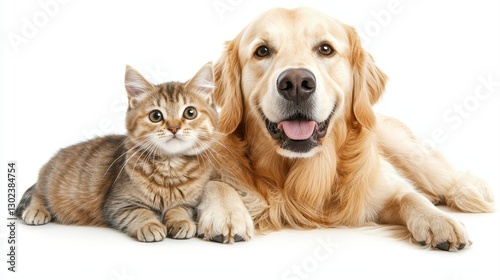 A golden retriever and a tabby cat sit together, exuding warmth and companionship against a white background.