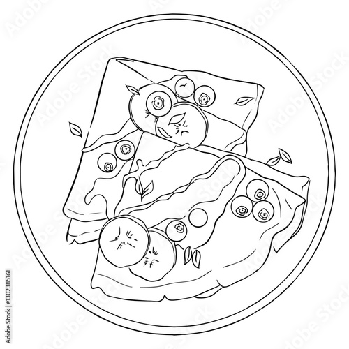Coloring book dessert pancakes with berries and banana. Vector illustration