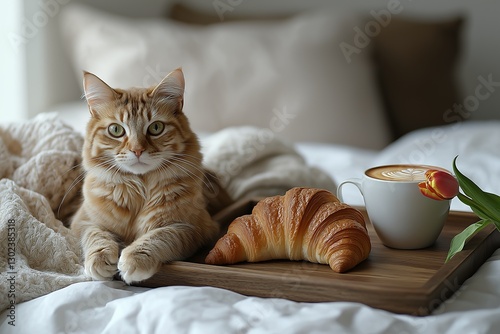 March 8th cat in bed with tulips and a croissant
