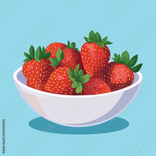 A flat 2D vector of a bowl of fresh strawberries with a few leaves.