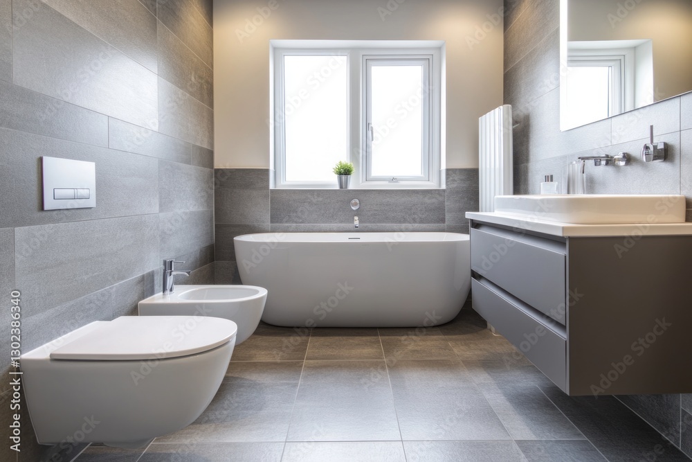 Modern gray bathroom with bathtub, bidet, and vanity. Modern gray bathroom with bathtub, bidet, and vanity.