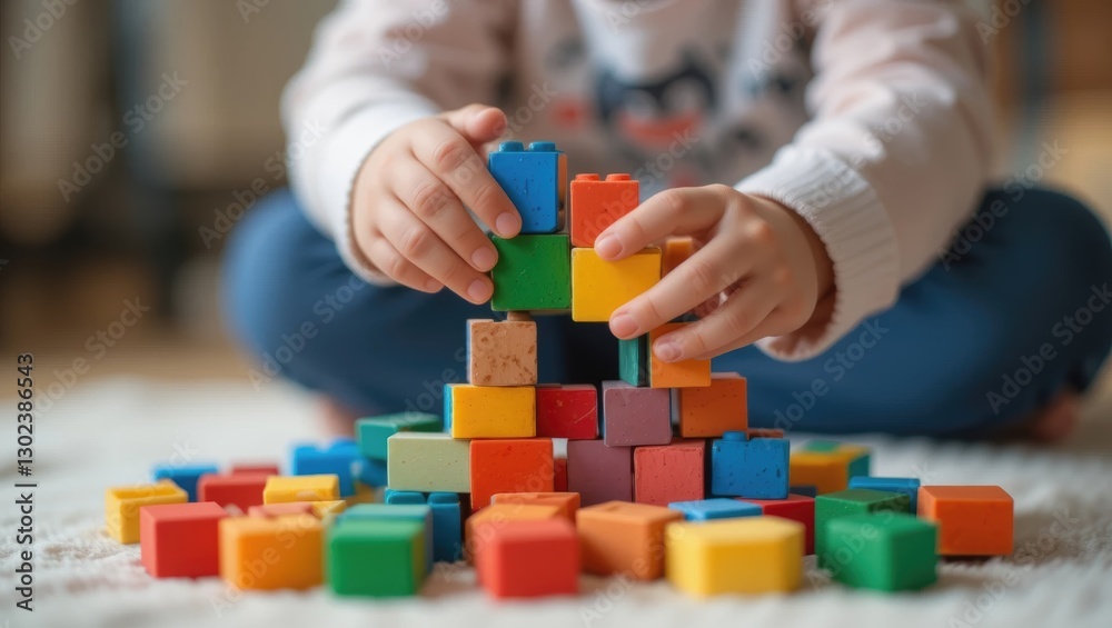 Child's Hands Building a Colorful Tower with Blocks on a Soft Indoor Surface Child's Hands Building a Colorful Tower with Blocks on a Soft Indoor Surface