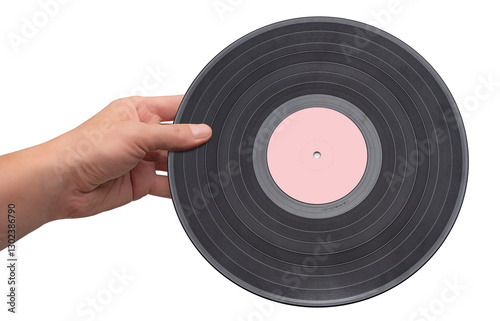 Hand holding a vintage vinyl record on white background. No AI tools
