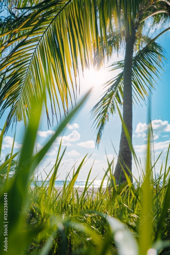 Grass and Palm Trees with Beach in Background Grass and Palm Trees with Beach in Background
