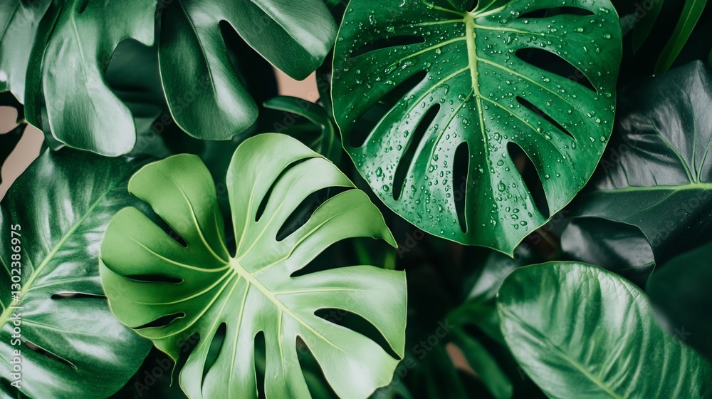 Fototapeta premium Lush green tropical leaves with water droplets.