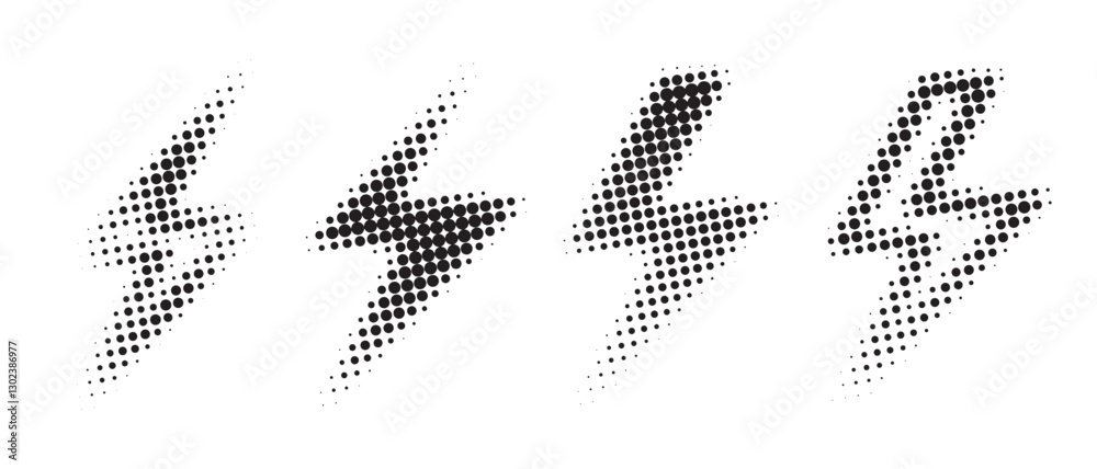 Lightning in halftone style. Symbol of energy, electric thunder on white background.