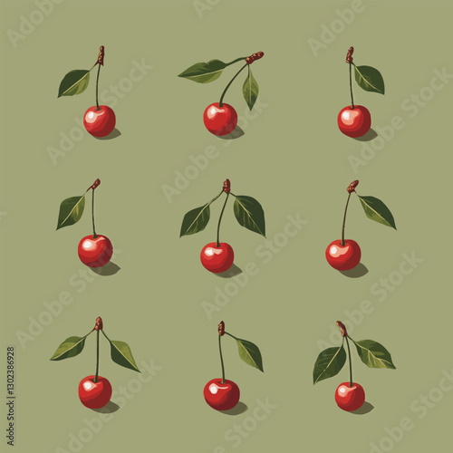 A flat 2D vector of a set of cherries with stems and leaves.