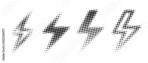 Lightning in halftone style. Symbol of energy, electric thunder on white background.