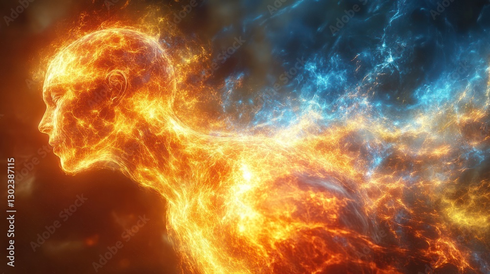 Fiery human figure, cosmic background, duality concept, energy Fiery human figure, cosmic background, duality concept, energy
