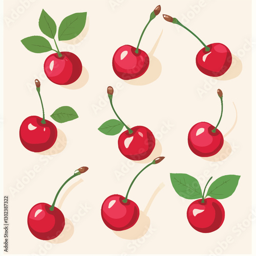 A flat 2D vector of a set of cherries with stems and leaves.