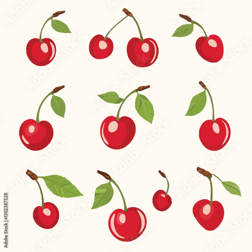A flat 2D vector of a set of cherries with stems and leaves.